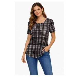 WILFRED FREE Aritzia black and white plaid short sleeves stretchy asymet…